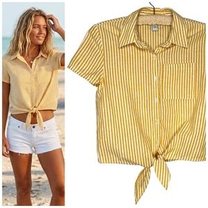 Y2K Arizona Jeans Co XS Linen Blend Yellow Striped Tie Front Short Sleeve Shirt